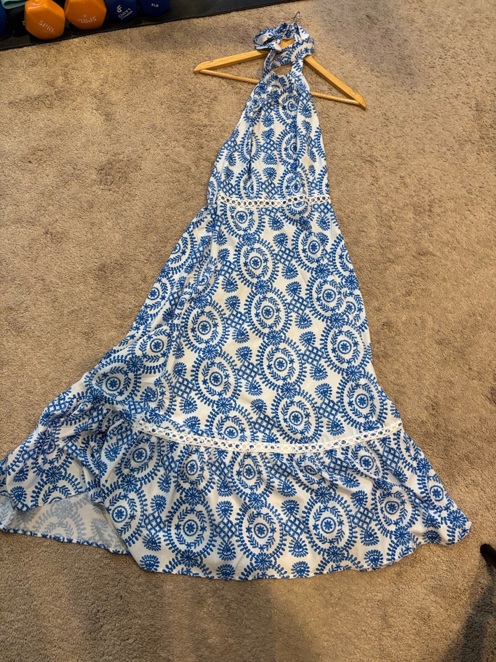 Blue and White Halter Maxi Dress
